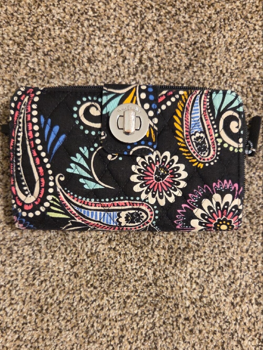 Vera Bradley Black Quilted Paisley Floral Wallet with Multicolor Accents